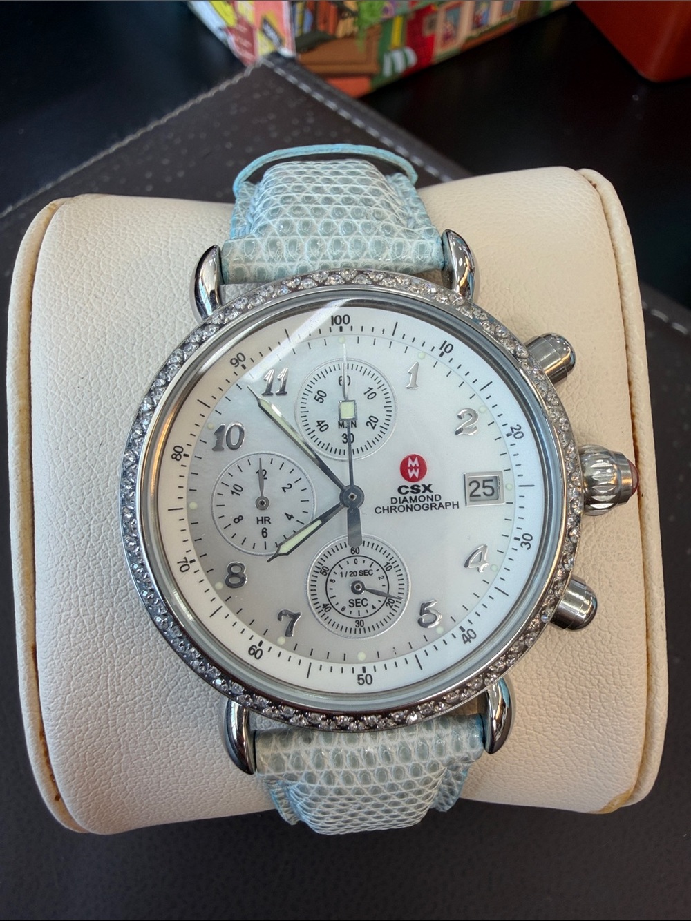 Michele CSX Diamond Chronograph Watch with Light Blue Leather Strap